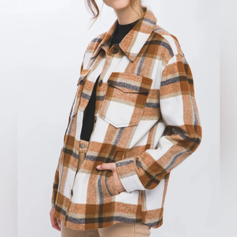 Love Tree Plaid Brown and White Button Up Shacket Sz S